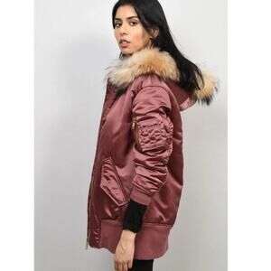 Burberry Coat Longline Bomber Jacket with Fur Trim Hood in Antique Rose Medium